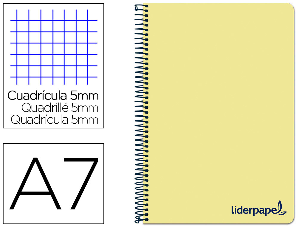 CAHIER SPIRALE LIDERPAPEL A7 MICRO WONDER 200 PAGES 90G    5X5MM 4 BANDES COULEURS JAUNE