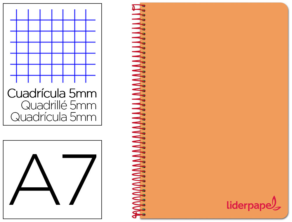 CAHIER SPIRALE LIDERPAPEL A7 MICRO WONDER 200 PAGES 90G    5X5MM 4 BANDES COULEURS       ORANGE