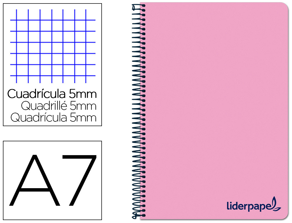 CAHIER SPIRALE LIDERPAPEL A7 MICRO WONDER 200 PAGES 90G    5X5MM 4 BANDES COULEURS ROSE