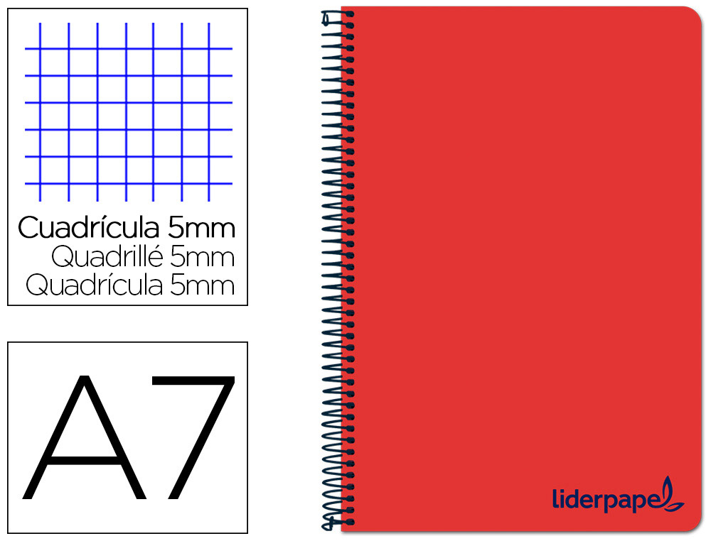 CAHIER SPIRALE LIDERPAPEL A7 MICRO WONDER 200 PAGES 90G    5X5MM 4 BANDES COULEURS ROUGE