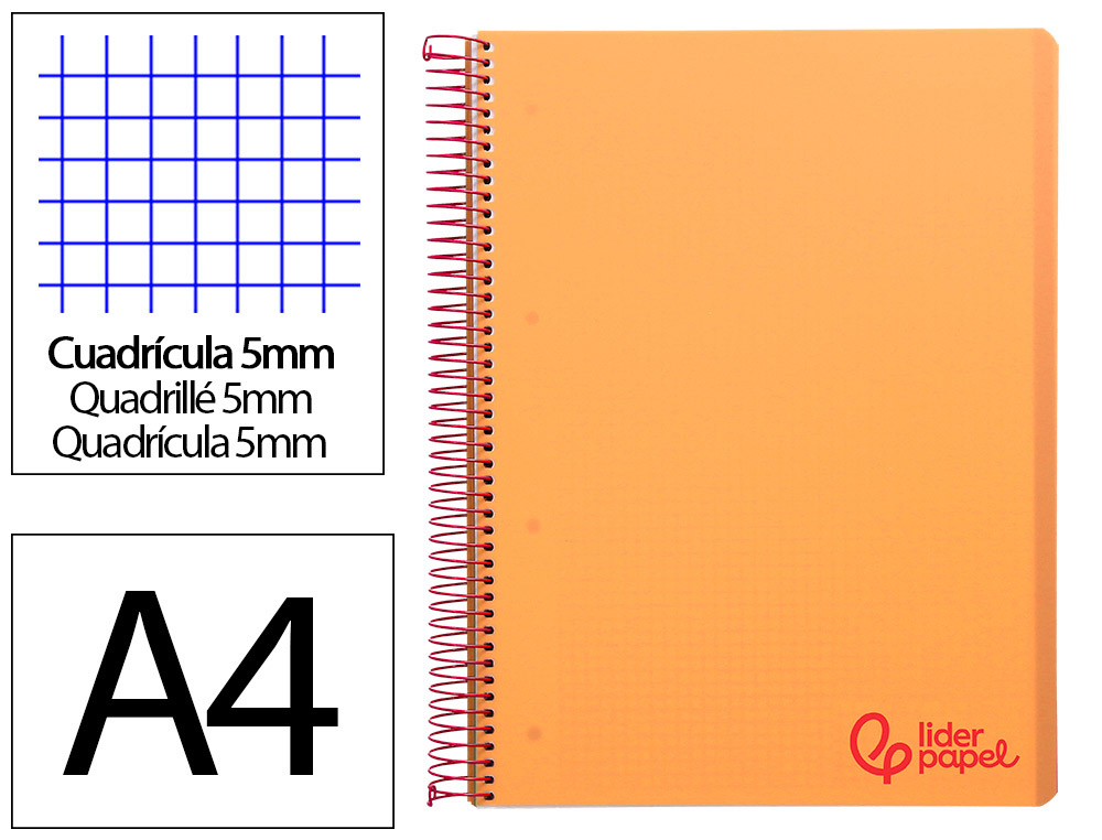 CAHIER SPIRALE LIDERPAPEL A4 MICRO WONDER 240 PAGES 90G    5X5MM 4 TROUS 5 BANDES        COULEURS ORANGE