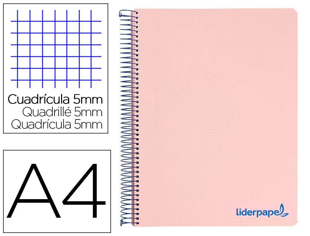 CAHIER SPIRALE LIDERPAPEL A4 MICRO WONDER 240 PAGES 90G    5X5MM 4 TROUS 5 BANDES        COULEURS ROSE
