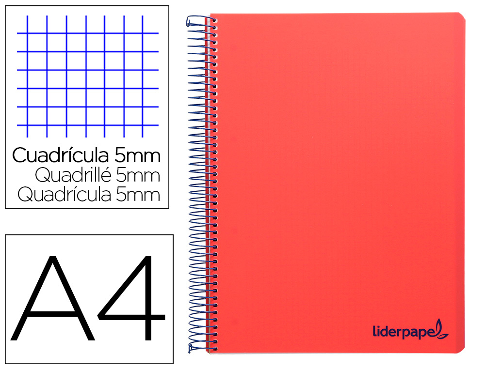 CAHIER SPIRALE LIDERPAPEL A4 MICRO WONDER 240 PAGES 90G    5X5MM 4 TROUS 5 BANDES        COULEURS ROUGE