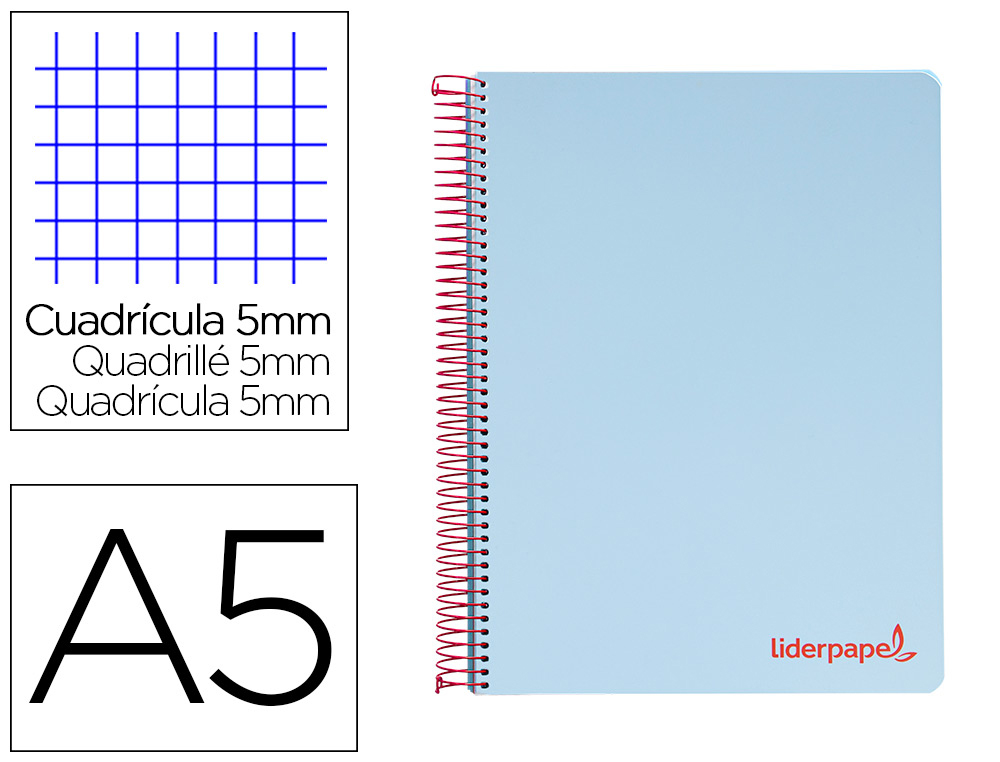 CAHIER SPIRALE LIDERPAPEL A5 MICRO WONDER 240 PAGES 90G    5X5MM 6 TROUS 5 BANDES        COULEURS BLEU