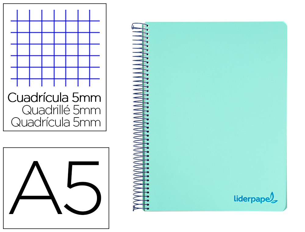 CAHIER SPIRALE LIDERPAPEL A5 MICRO WONDER 240 PAGES 90G    5X5MM 6 TROUS 5 BANDES        COULEURS VERT