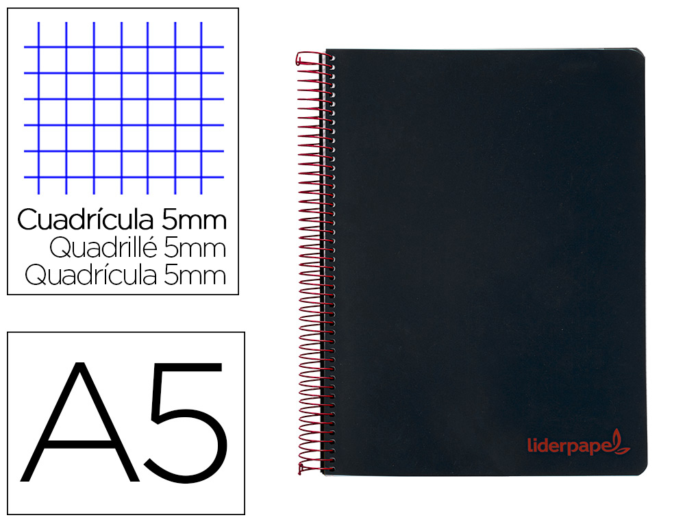 CAHIER SPIRALE LIDERPAPEL A5 MICRO WONDER 240 PAGES 90G    5X5MM 6 TROUS 5 BANDES        COULEURS NOIR
