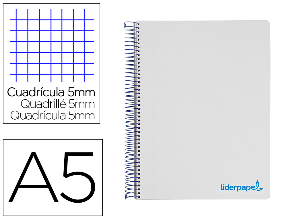 CAHIER SPIRALE LIDERPAPEL A5 MICRO WONDER 240 PAGES 90G    5X5MM 6 TROUS 5 BANDES        COULEURS GRIS