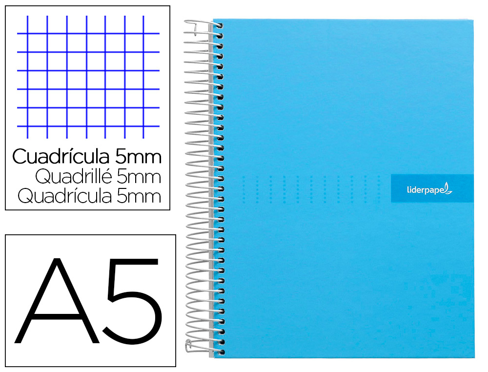 CAHIER SPIRALE LIDERPAPEL CRAFTY COUVERTURE CONTRECOLLE A5 240P 90G/M2 5X5MM MICROPERFOR 6 TROUS COLORIS BLEU CIEL