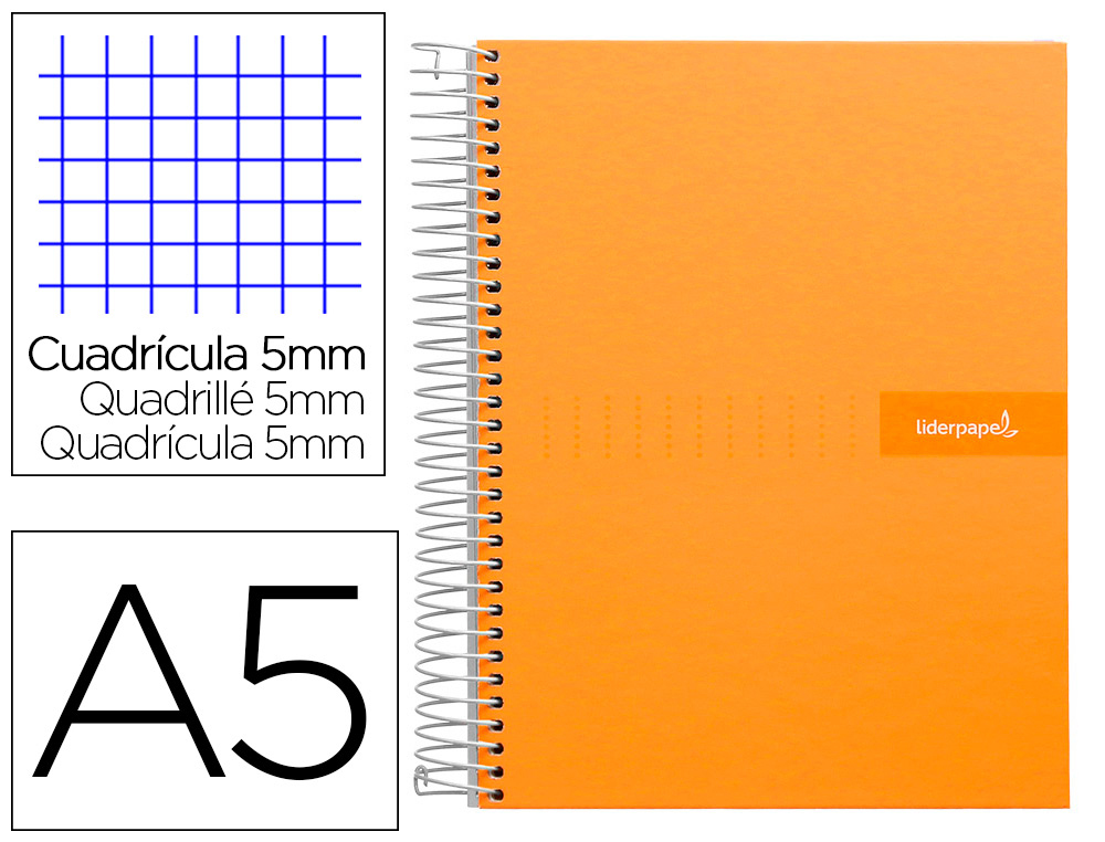 CAHIER SPIRALE LIDERPAPEL CRAFTY COUVERTURE CONTRECOLLE A5 240P 90G/M2 5X5MM MICROPERFOR6 TROUS COLORIS ORANGE