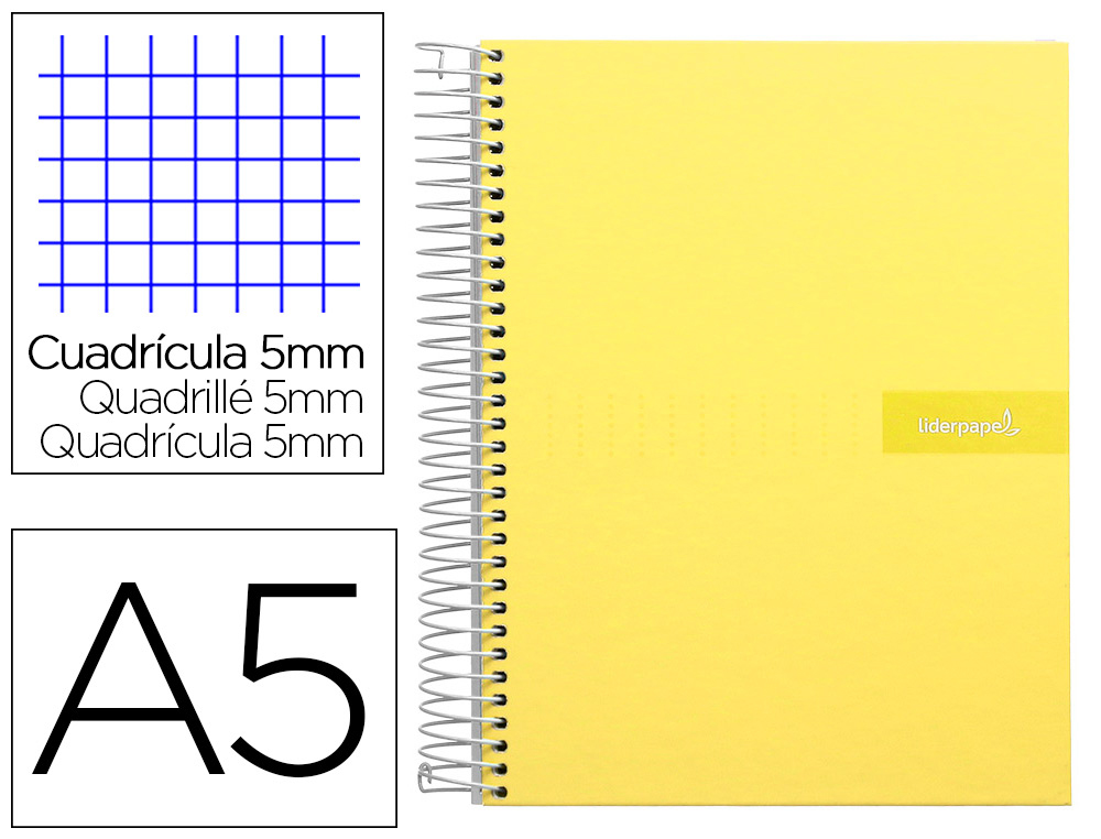 CAHIER SPIRALE LIDERPAPEL CRAFTY COUVERTURE CONTRECOLLE A5 240P 90G/M2 5X5MM MICROPERFOR 6 TROUS COLORIS JAUNE