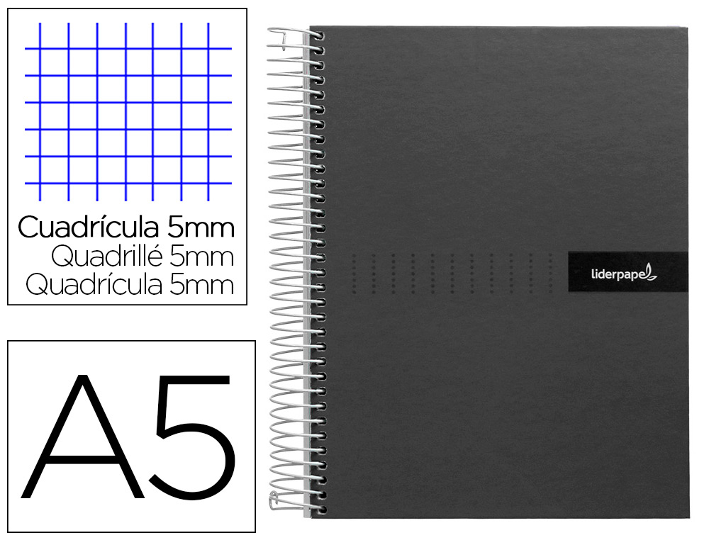 CAHIER SPIRALE LIDERPAPEL CRAFTY COUVERTURE CONTRECOLLE A5 240P 90G/M2 5X5MM MICROPERFOR 6 TROUS COLORIS NOIR