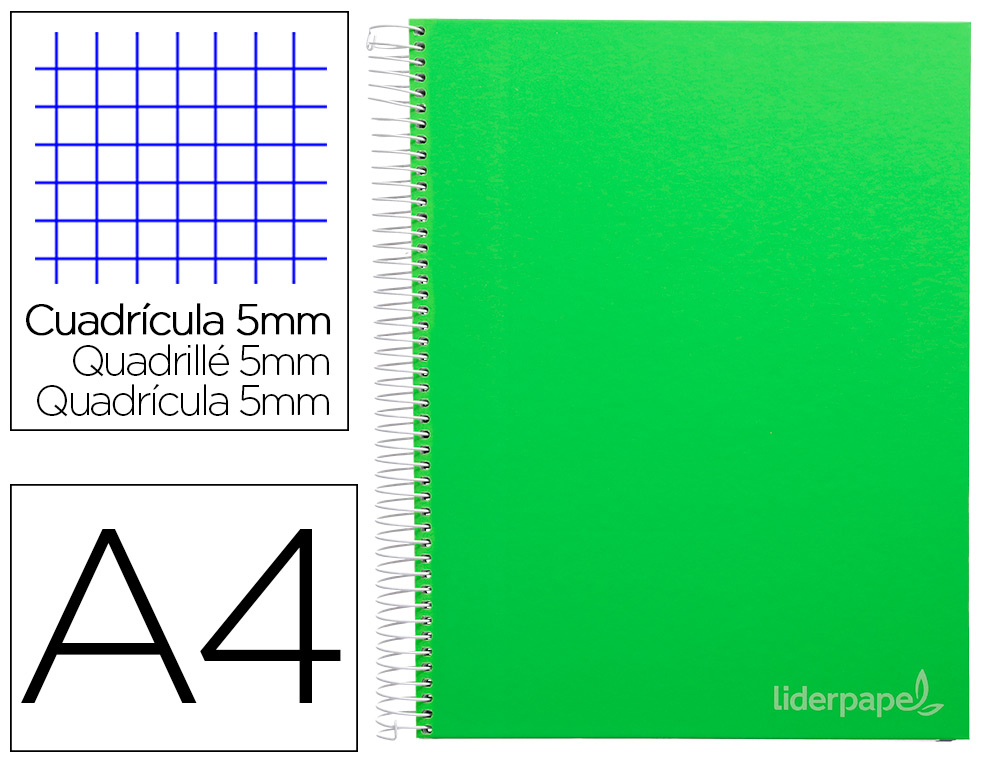 CAHIER SPIRALE LIDERPAPEL JOLLY COUVERTURE CONTRECOLLE A4 280P 75G/M2 5X5MM MICROPERFOR 4 TROUS COLORIS VERT