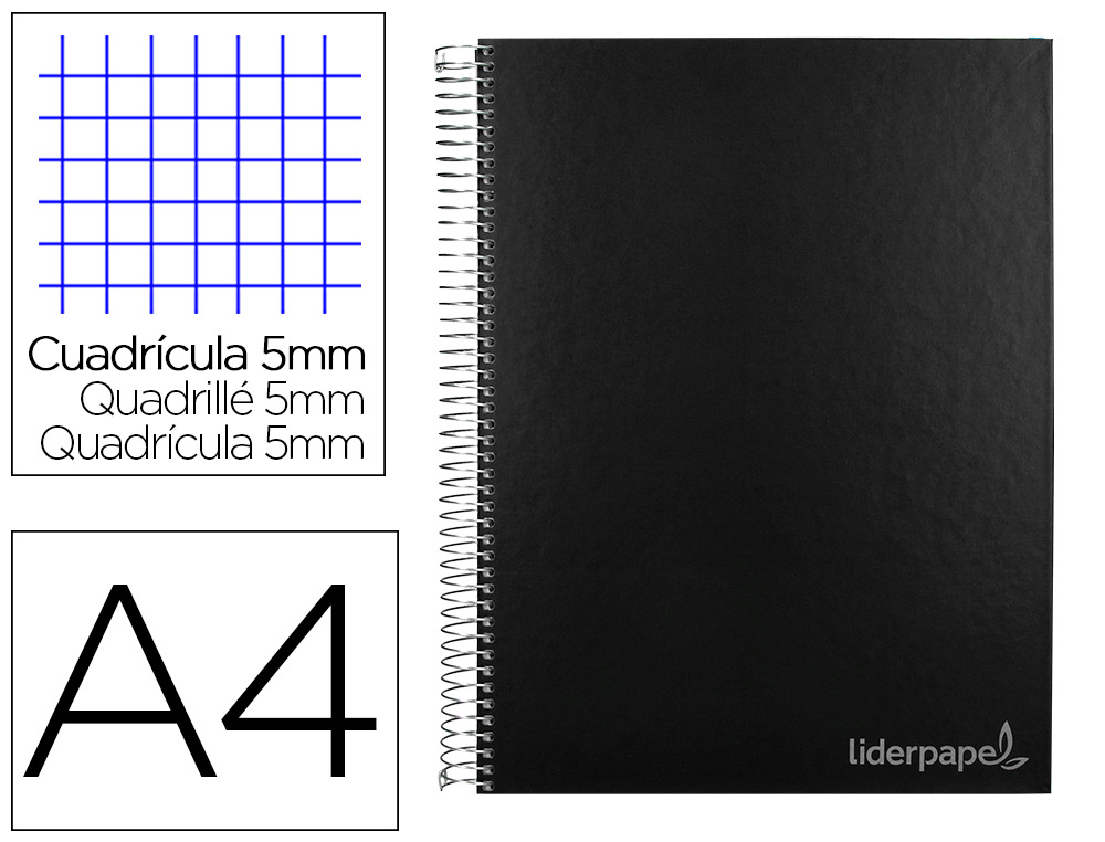CAHIER SPIRALE LIDERPAPEL JOLLY COUVERTURE CONTRECOLLE A4 280P 75G/M2 5X5MM MICROPERFOR 4 TROUS COLORIS NOIR