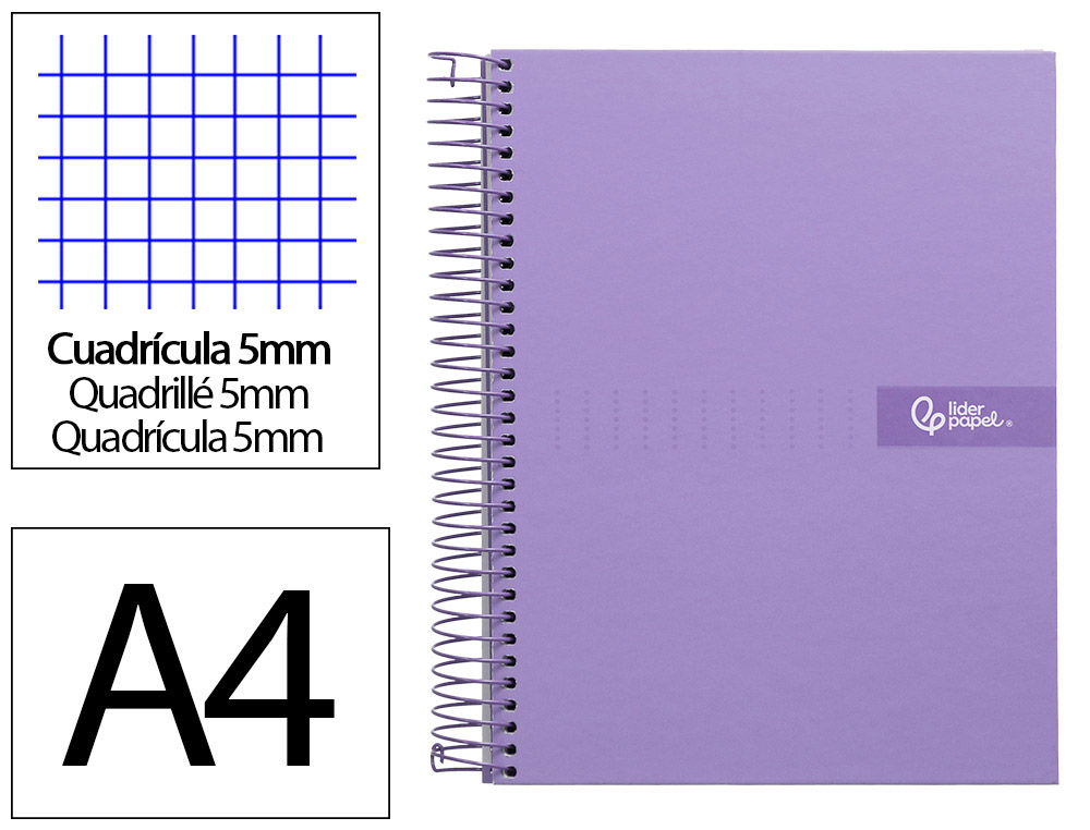 CAHIER SPIRALE LIDERPAPEL CRAFTY COUVERTURE CONTRECOLLE A4 240P 90G/M2 5X5MM MNICROPERFOR 4 TROUS COLORIS VIOLET