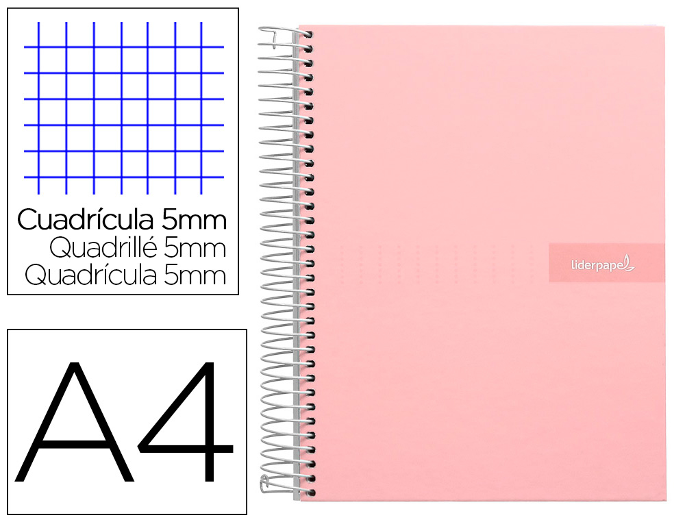 CAHIER SPIRALE LIDERPAPEL CRAFTY COUVERTURE CONTRECOLLE A4 240P 90G/M2 5X5MM MICROPERFOR 4 TROUS COLORIS ROSE