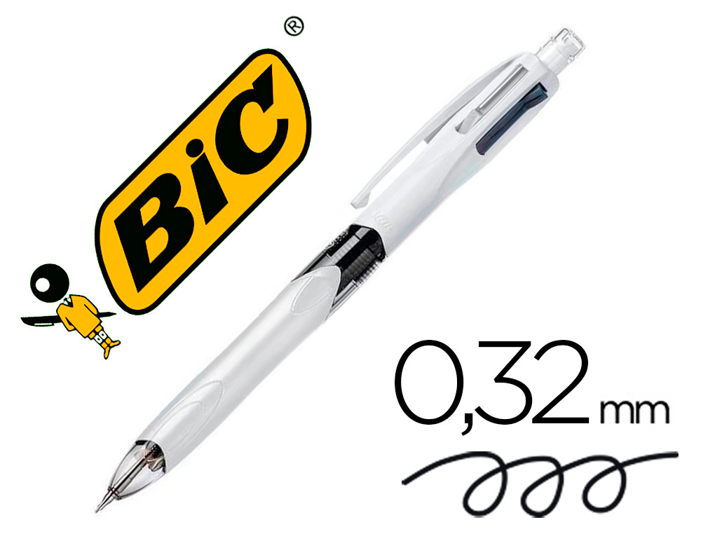 STYLO-BILLE BIC 4 COULEURS 3+1HB POINTE MOYENNE 1MM BLEU NOIR ROUGE RECHARGEABLE GRIP PORTE-MINE ET 2 MINES HB 0.7MM