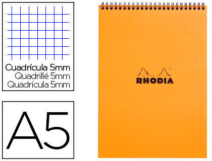 BLOC RHODIA CLASSIC ORANGE A5 14.8X21CM COUVERTURE CARTE ENDUITE RELIURE INTGRALE 80F 80G 5X5MM MICROPERFOR