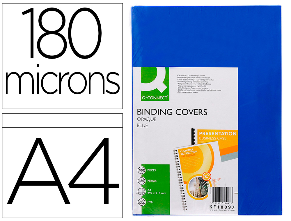 PLAT COUVERTURE Q-CONNECT PVC 180 MICRONS A4 RELIEURS SPIRALES PEIGNES ANNEAUX COLORIS BLEU BOTE 100 UNITS