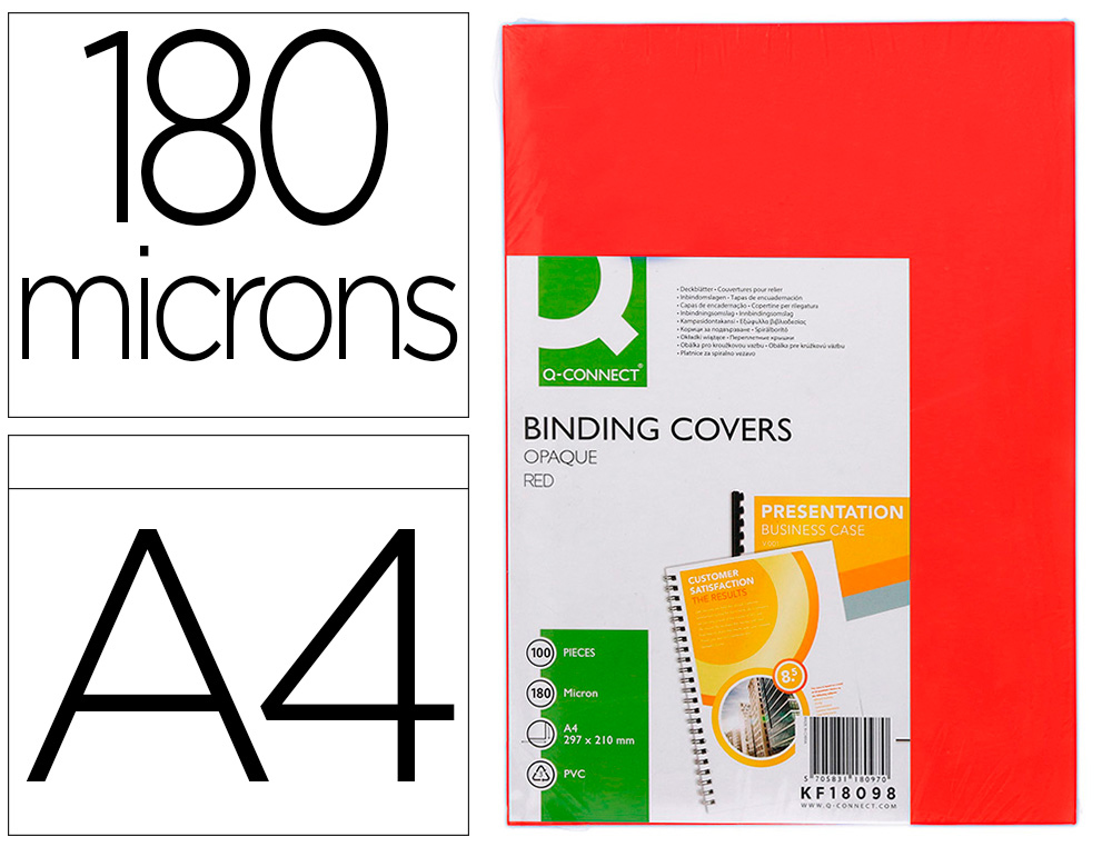 PLAT COUVERTURE Q-CONNECT PVC 180 MICRONS A4 RELIEURS SPIRALES PEIGNES ANNEAUX COLORIS ROUGE BOTE 100 UNITS