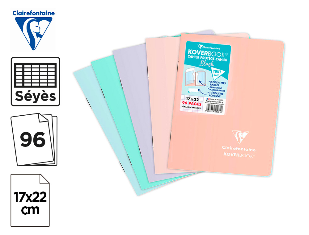 CAHIER PIQUE CLAIREFONTAINE KOVERBOOK BLUSH POLYPROPYLENE 17X22CM 96 PAGES SEYES        COLORIS PASTEL ASSORTIS