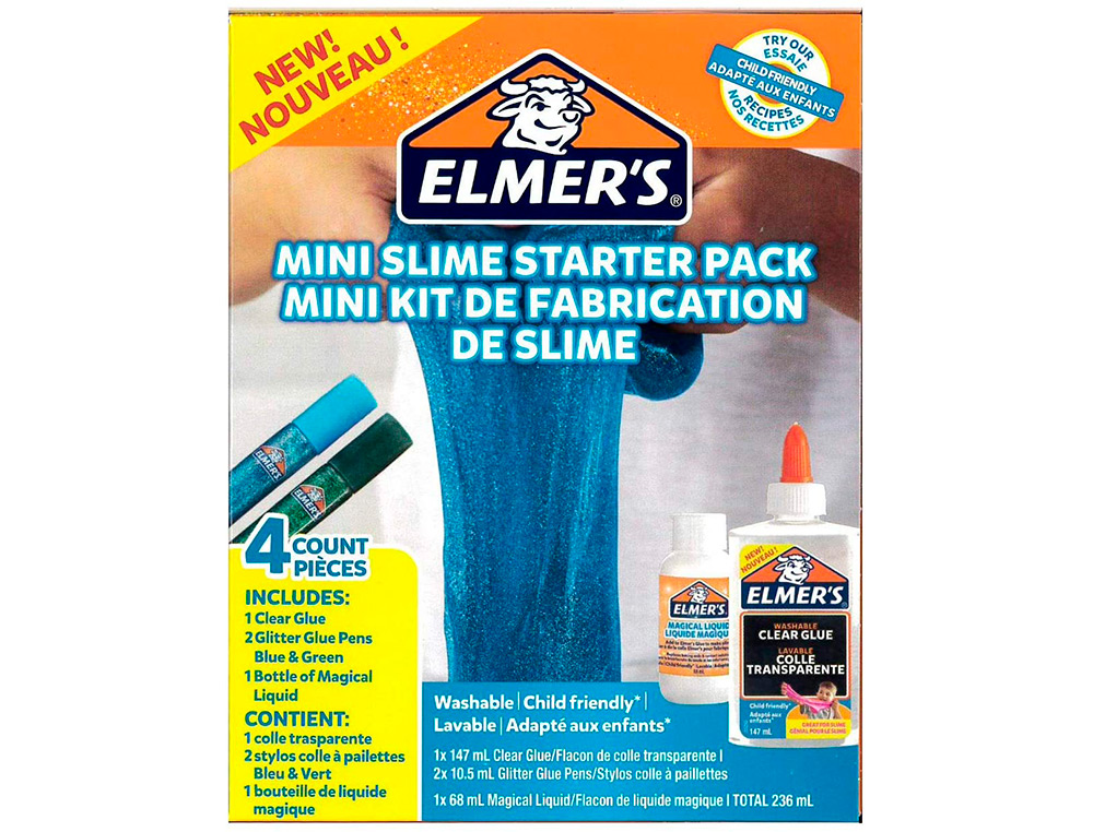 KIT STARTER POUR SLIME ELMER'S MINI 4 PIECES 1       FLACON DE COLLE 147ML 1       LIQUIDE MAGIQUE 68ML 2 COLLES