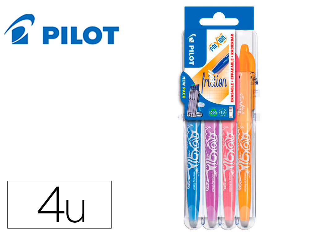 PORTE-STYLOS ET 4 STYLOS-BILLE PILOT FRIXION BALL CLICKER SET2GO POINTE MOYENNE 0.7MM ORANGE/TURQUOISE/MAUVE/CORAIL