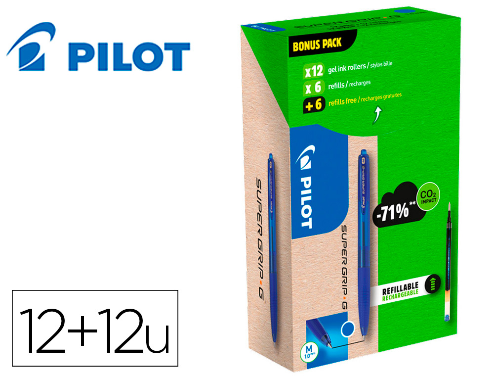 PACK PILOT SUPERGRIP G RT 12 STYLOS-BILLE POINTE MOYENNE   12 RECHARGES DONT 6 OFFERTES  COLORIS BLEU