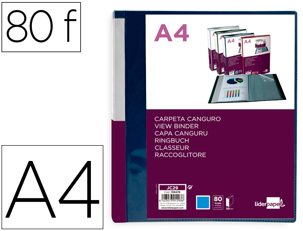 PROTEGE-DOCUMENTS LIDERPAPEL PERSONNALISABLE KANGOUROU POLYPROPYLENE 80 POCHETTES FIXES A4 COLORIS BLEU TRANSLUCIDE