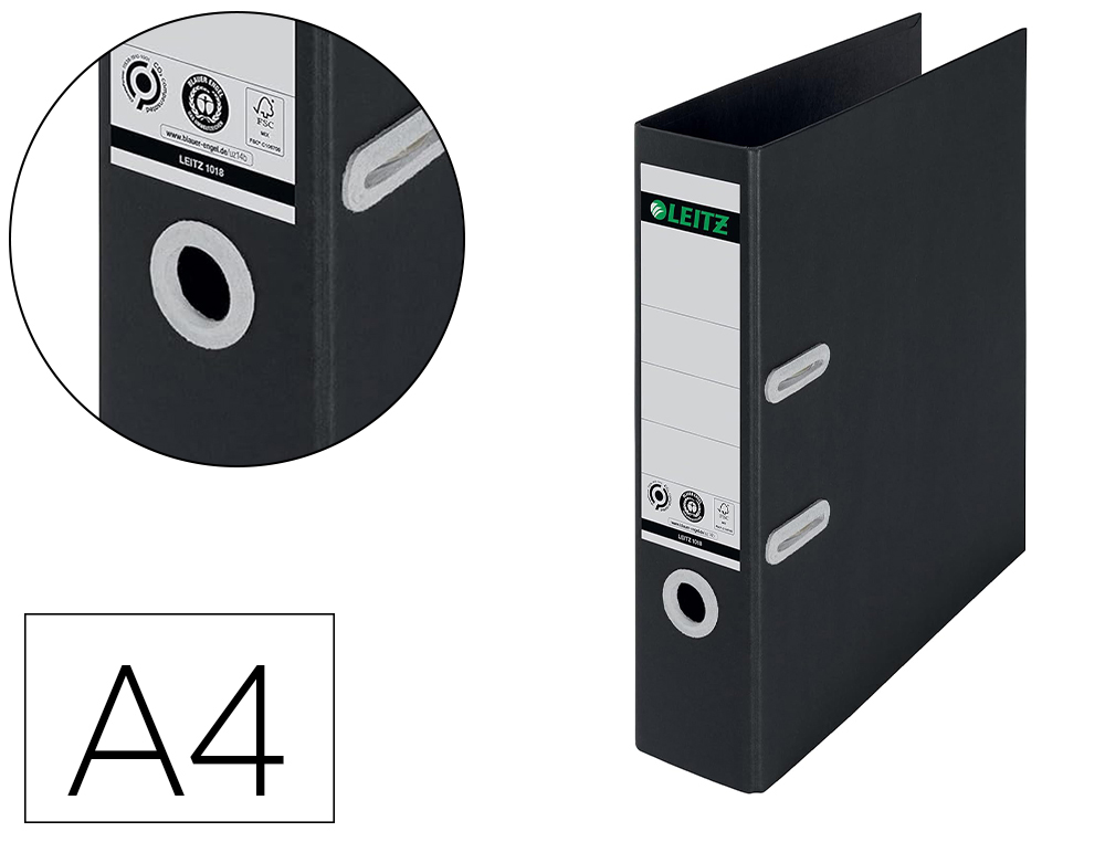 CLASSEUR LEVIER LEITZ 180 CARTON RECYCLE 100% DOS 80MM  CAPACITE 600F A4 COLORIS NOIR