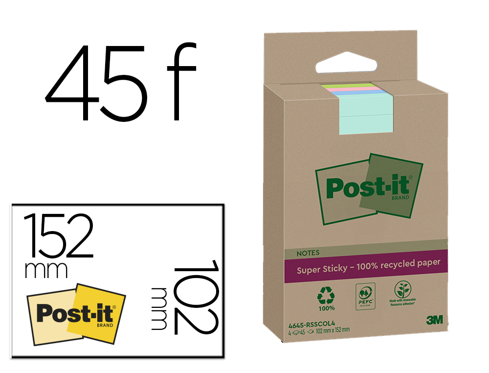 BLOC-NOTES POST-IT SUPER STICKY GRAND FORMAT RECYCLES 102X152MM 45F REPOSITIONNABLES LIGNES COL. ASSORTIS PACK 4 BLOCS