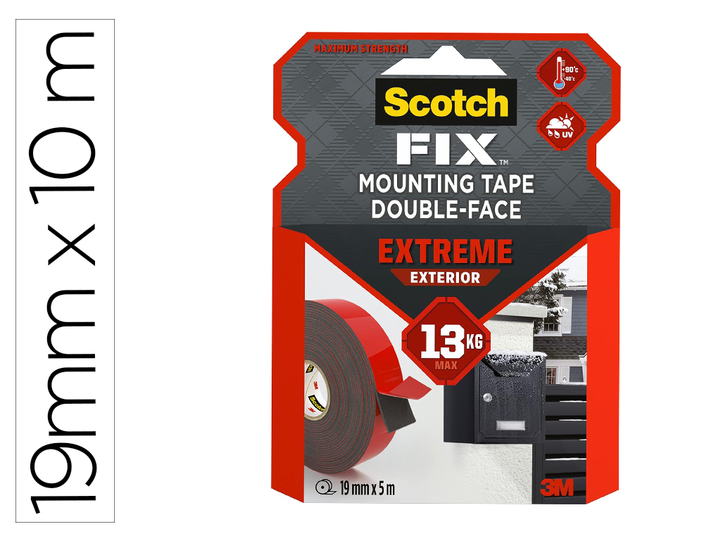 RUBAN FIXATION SCOTCH DOUBLE FACE EXTRA FORT 19MMX10M      APPLICATION INTERIEURE        RESISTANCE CHALEUR/HUMIDITE