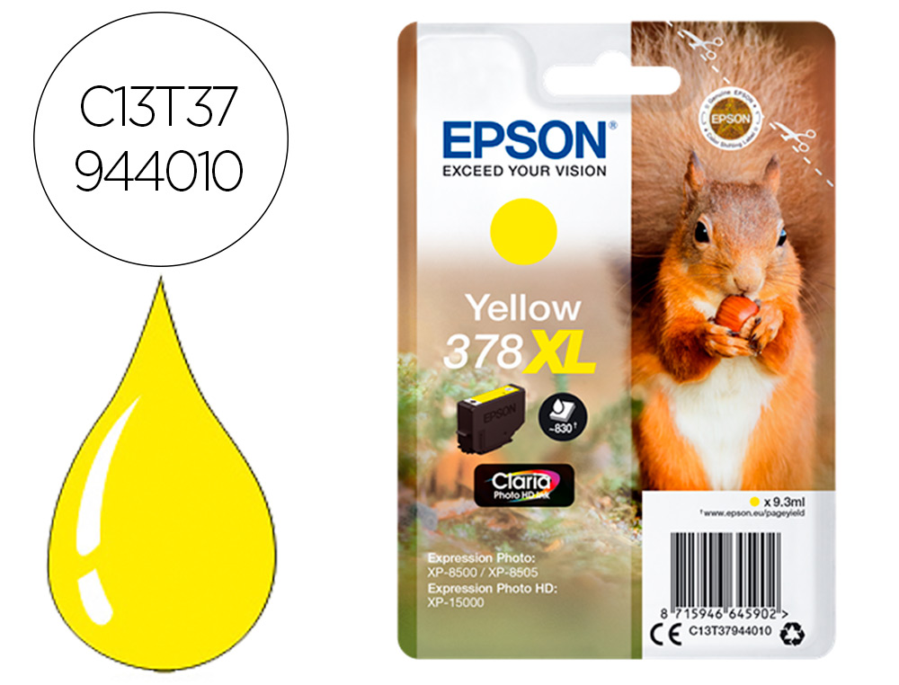 CARTOUCHE ENCRE EPSON 378XL XP-8605 / 8606 / XP-15000 /   XP-8500 / 8505 COULEUR JAUNE  830 PAGES