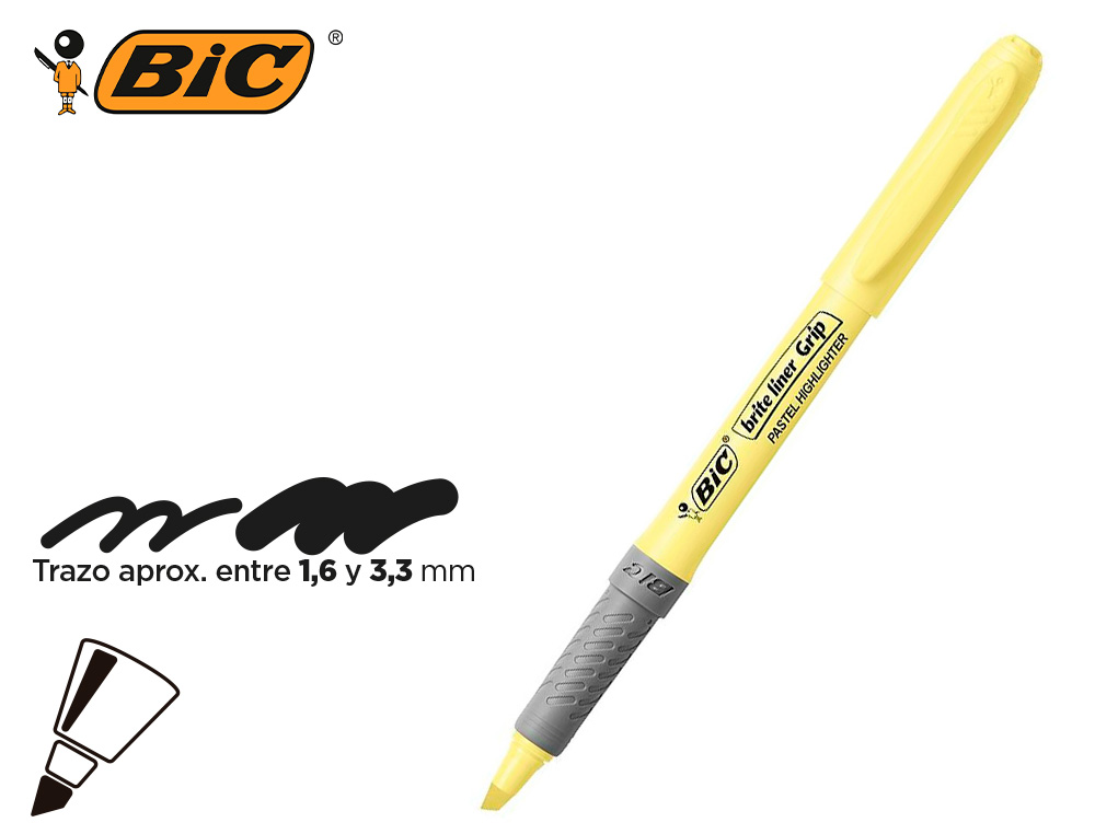SURLIGNEUR BIC HIGHLIGHTER GRIP CAOUTCHOUC POINTE        MOYENNE BISEAUTEE COLORIS     JAUNE PASTEL