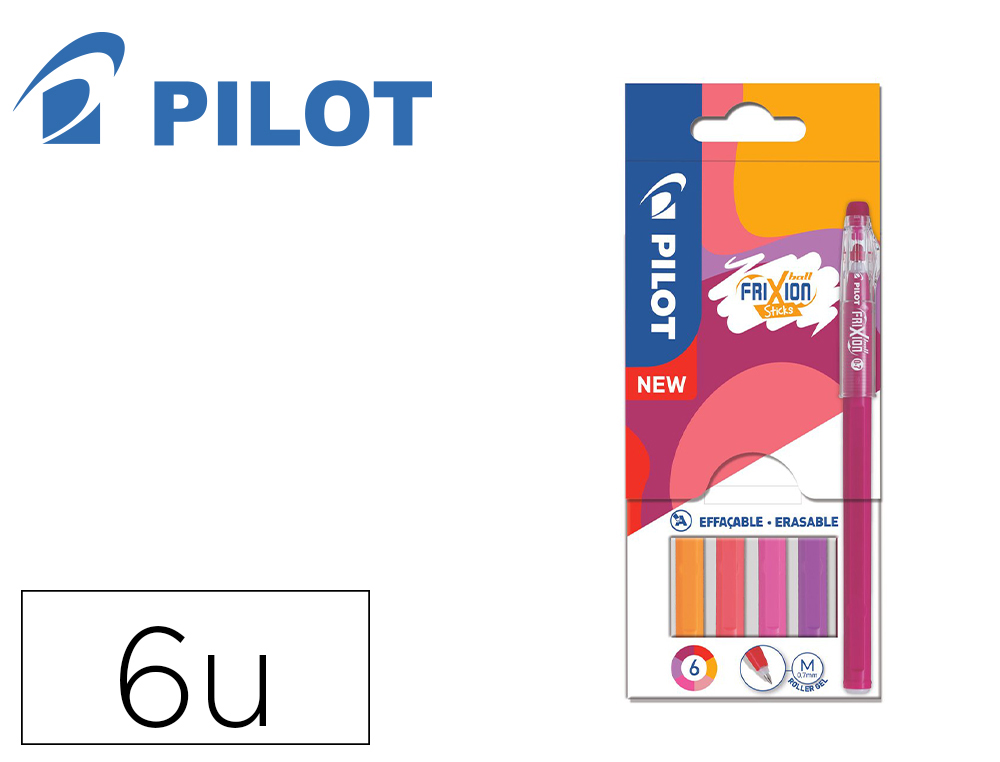 STYLO PILOT FRIXION BALL STICKS ENCRE EFFACABLE POINTE 0,7MM 6 COLORIS ASSORTIS TONS CHAUDS POCHETTE 6 UNITES