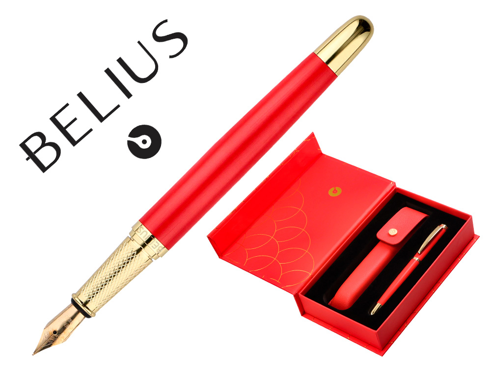 STYLO-PLUME ET ETUI EN SIMILI CUIR BELIUS PASSION ALUMINIUM BROSSE ATTRIBUTS OR ENCRE BLEUE COLORIS ROUGE COFFRET CADEAU