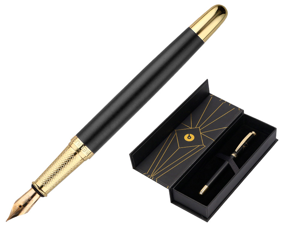 STYLO-PLUME BELIUS SOIREE ALUMINIUM DETAILS ET ATTRIBUTS OR ENCRE BLEUE COLORIS NOIR DANS COFFRET CADEAU