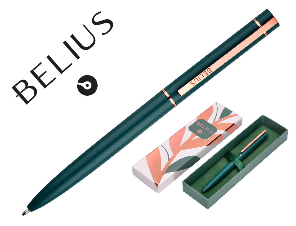 STYLO-BILLE BELIUS ROSE ALUMINIUM DETAILS ET ATTRIBUTS OR ROSE ENCRE BLEUE COLORIS VERT DANS COFFRET CADEAU