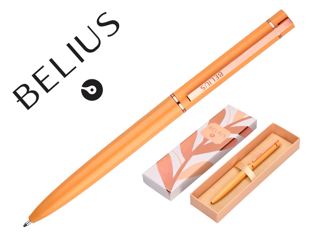STYLO-BILLE BELIUS ROSE ALUMINIUM DETAILS ET ATTRIBUTS OR ROSE ENCRE BLEUE COLORIS BEIGE DANS COFFRET CADEAU