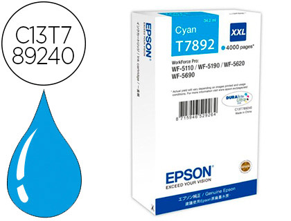 CARTOUCHE EPSON T7892 JET D'ENCRE C13T789240 POUR WORKFORCE WF 5620 5110 5190 5690 COULEUR CYAN 4000P