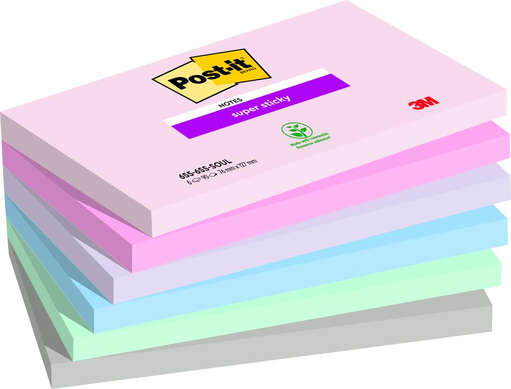 BLOC NOTES POST-IT SUPER STICKY COLLECTION SOULFUL 76  X 127MM 6 BLOCS  90 FEUILLES