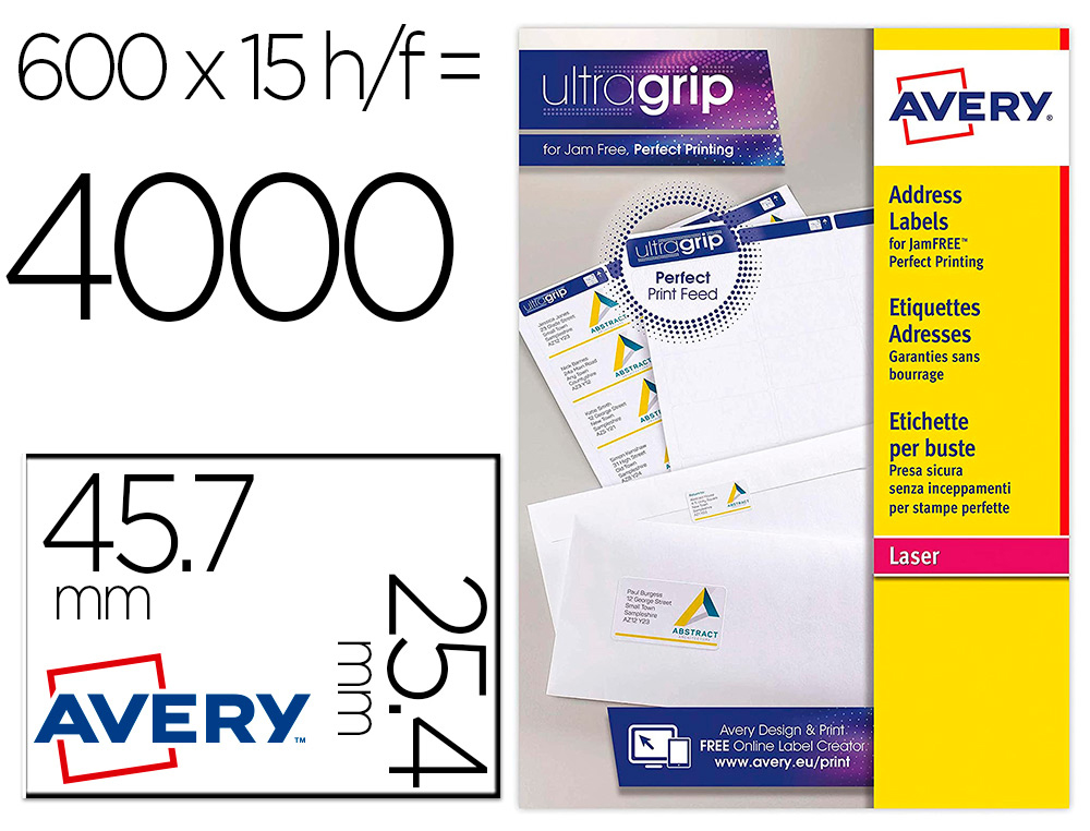 ETIQUETTE AUTOCOLLANTE AVERY ADRESSE RECYCLEE LASER BLANC  45,7 X 25,4MM BOITE DE 4000