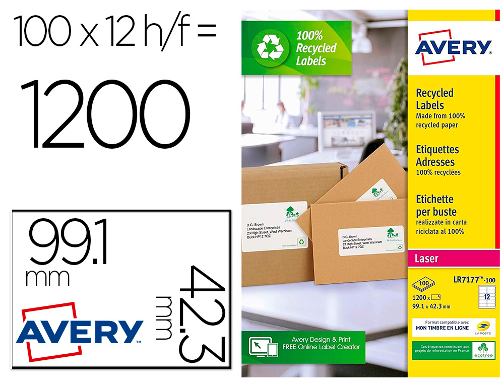 ETIQUETTE AUTOCOLLANTE AVERY ADRESSE RECYCLEE LASER BLANC  99,1 X 42,3MM BOITE DE 1200
