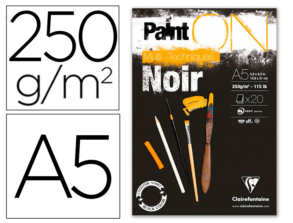 BLOC DE DESSIN ENCOLLE CLAIREFONTAINE PAINT'ON.      PAPIER MULTI TECHNIQUE 250G   EXTRA BLANC. FORMAT A5 14,8 X