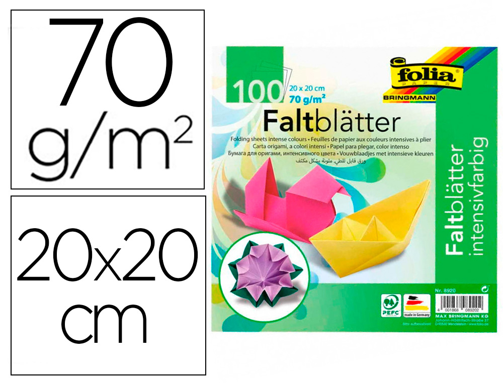 PAPIER COULEUR A PLIER 70GR/M2 100 FEUILLES 20X20CM  COULEURS ASSORTIES