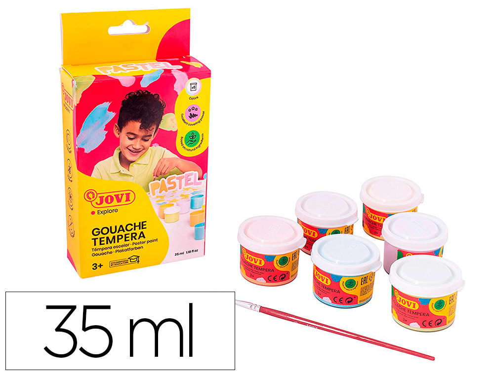 GOUACHE SCOLAIRE JOVI A BASE D'EAU COULEUR PASTEL 6 POTS   DE 35 ML + PINCEAU