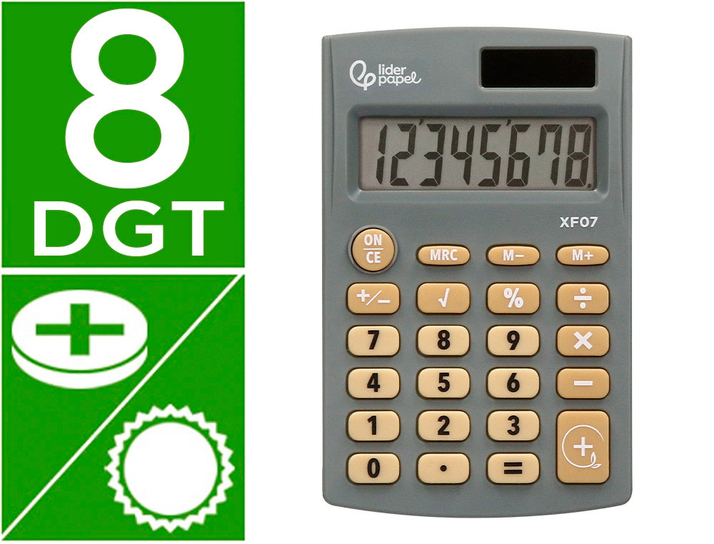 CALCULATRICE DE POCHE XF05 8 CHIFFRES SOLAIRE ET PILES     98X62X8 MM COLORIS GRIS