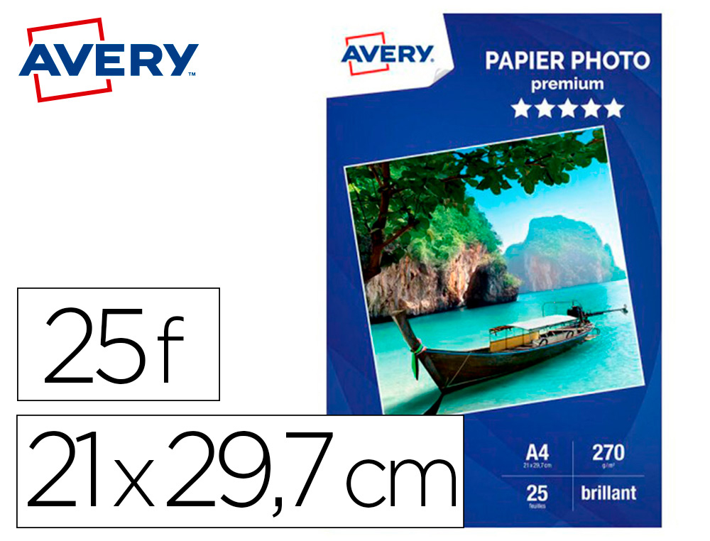 PAPIER PHOTO AVERY BRILLANT 270G A4 PAQUET DE 25 FEUILLES