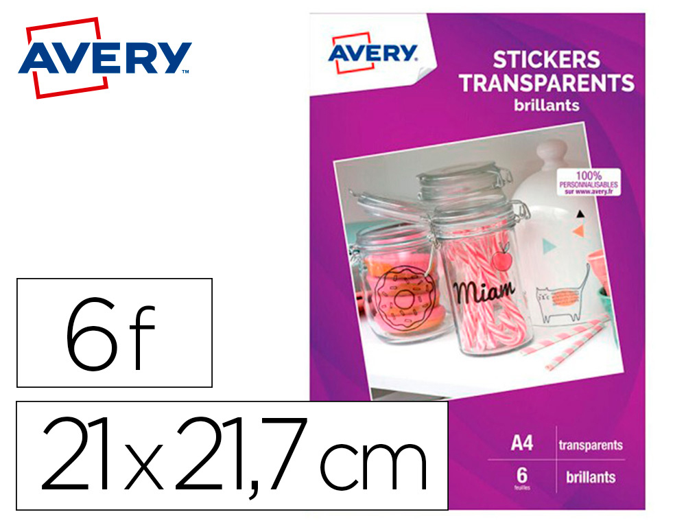 STICKERS AVERY TRANSPARENT BRILLANT A4 JET D ENCRE       PAQUET DE 6