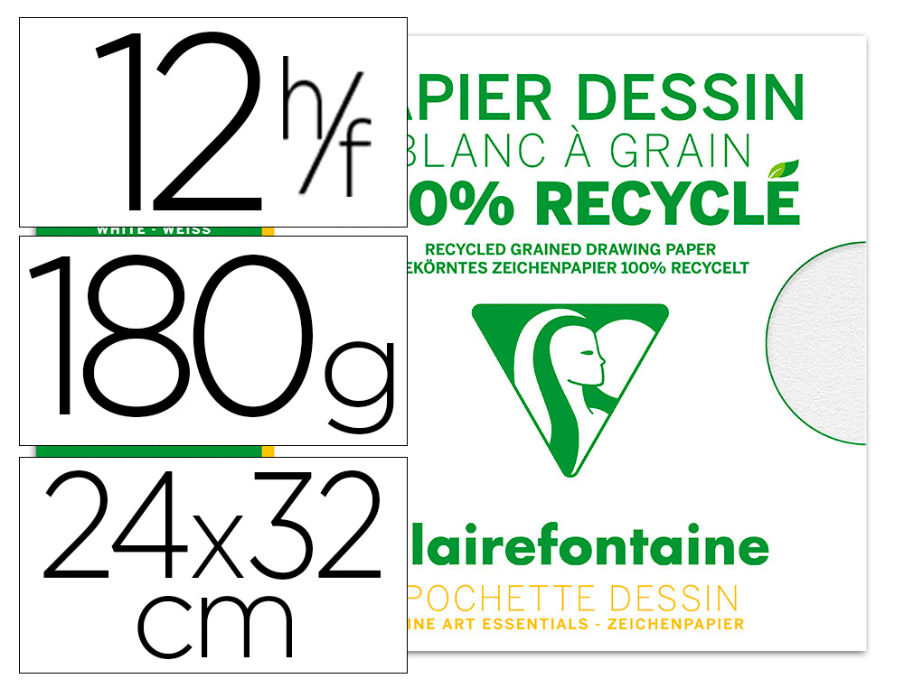 POCHETTE DESSIN   GRAIN 100% RECYCL  24X32CM 180GR 12F