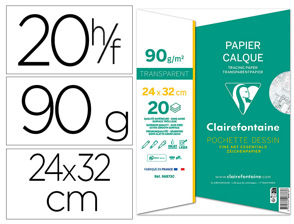 POCHETTE PAPIER CALQUE CLAIREFONTAINE 90/95GR        24X32CM 20F